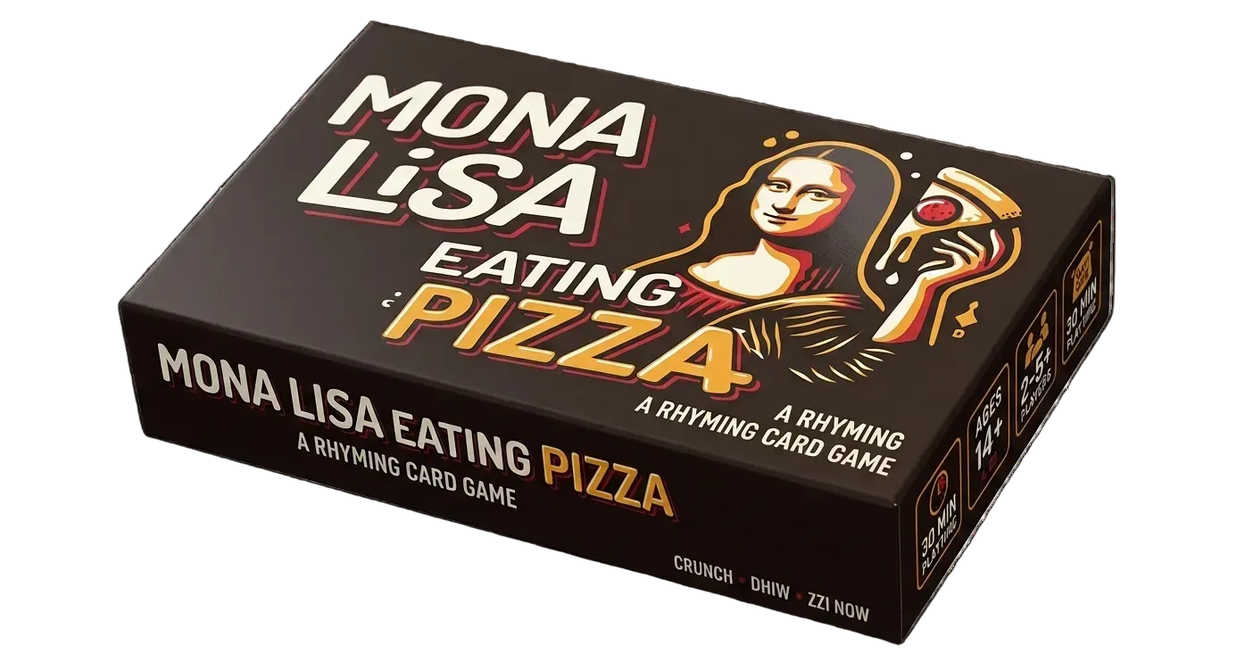 Card game box titled 'Mona Lisa Eating Pizza' with a stylized depiction of Mona Lisa.