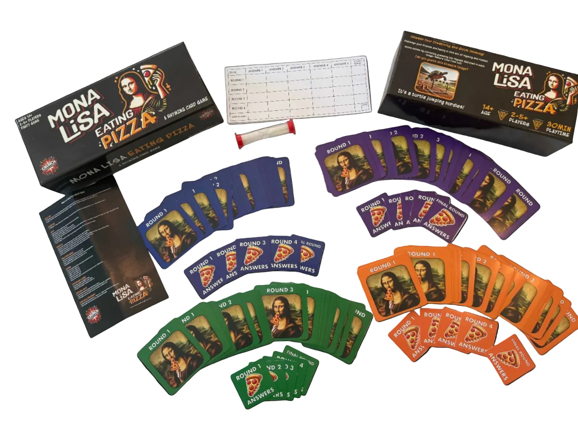Card game set titled 'Mona Lisa Eating Pizza' with cards and packaging on a black background