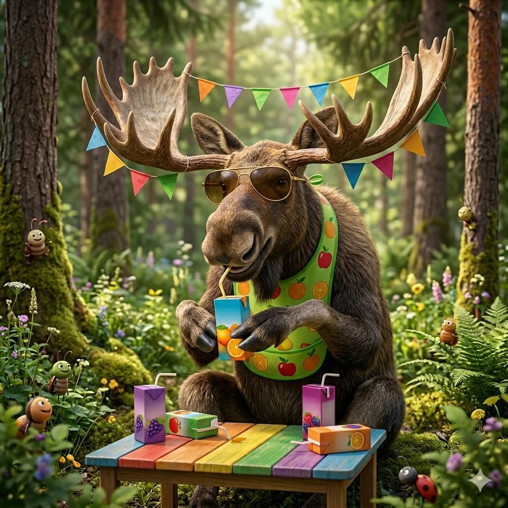 Example Card: Moose in sunglasses and a colorful shirt sitting at a rainbow table in a forest.